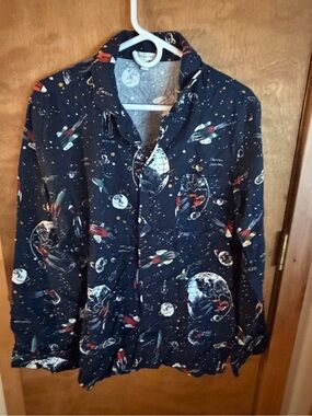 Garnet Hill Navy Star-Print Button-Up Pajama Top Pima Cotton